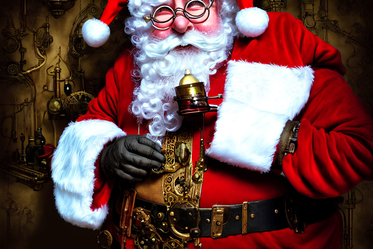 Santa Claus in red suit with lantern against vintage mechanical gears.