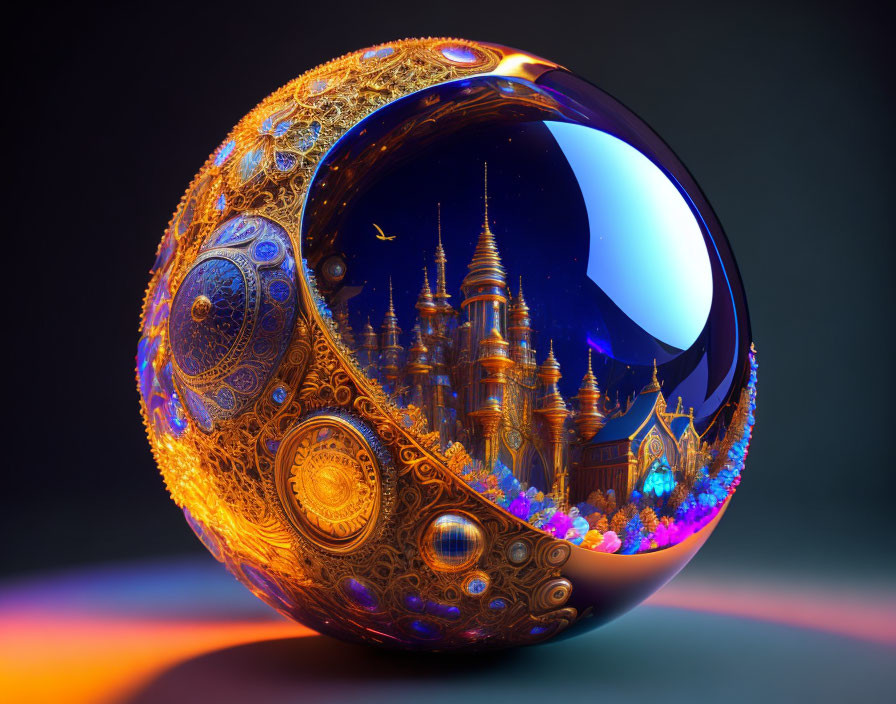 Golden Sphere with Fantasy Cityscape on Dark Background