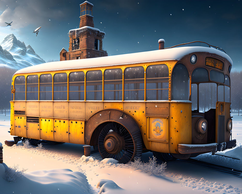 Yellow School Bus Abandoned in Snowy Landscape at Dusk