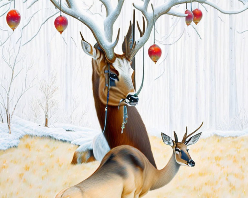 Surreal painting: Large deer with tree-like antlers and apples, smaller deer, snowy backdrop