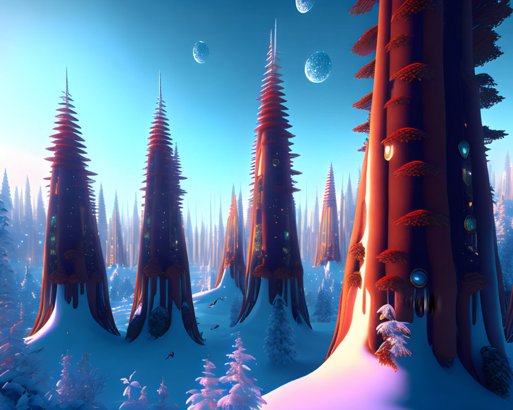 Fantastical winter landscape with alien trees, blue snow, and crystal spheres