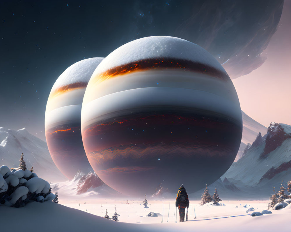 Person standing in snowy twilight landscape gazing at ringed planets