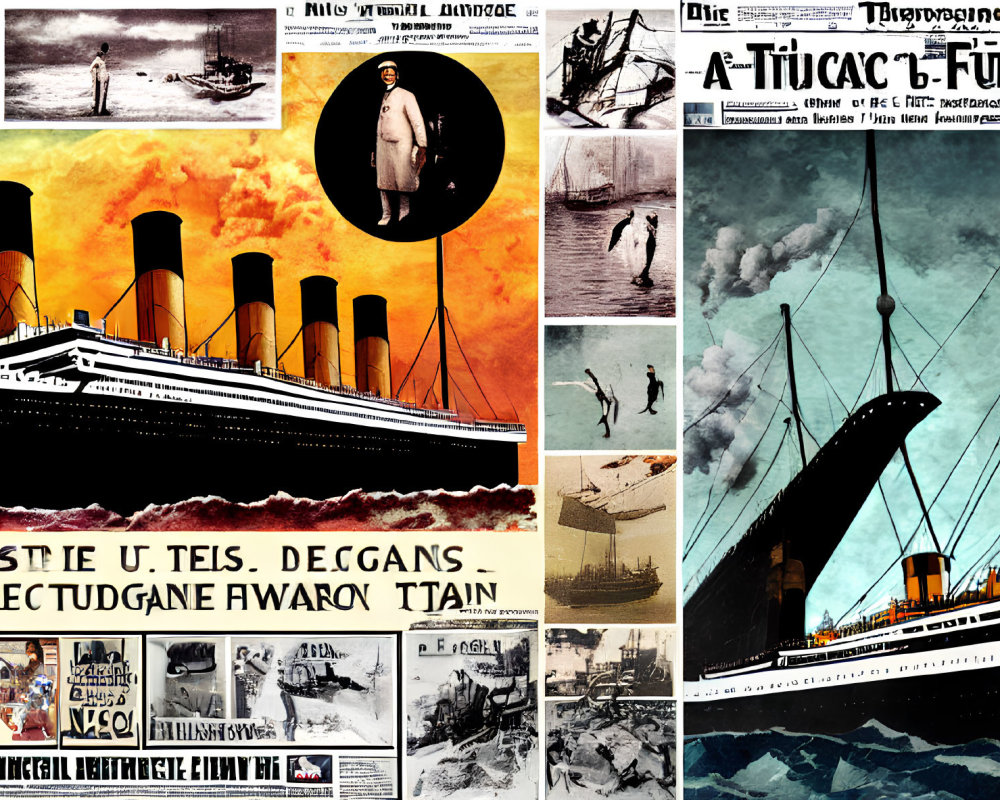 Historical Titanic Collage with Construction, Voyage, Passengers, and Sinking Scenes