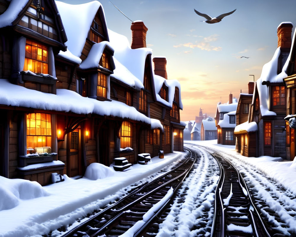 Snow-covered train tracks in quaint town with snow-topped houses at dusk