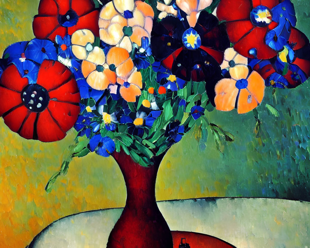 Colorful Flower Bouquet Painting in Red Vase on Textured Background