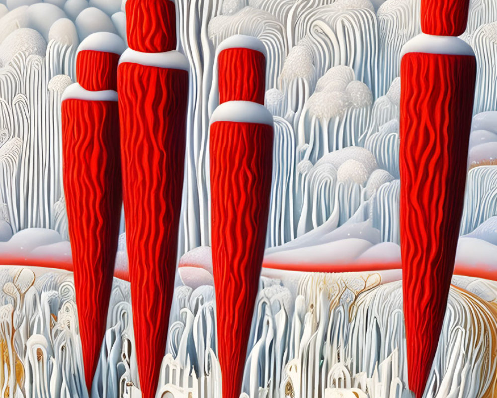 Surreal painting of red figures in white landscape with intricate architecture