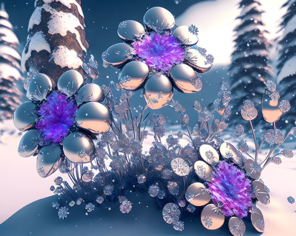 Surreal landscape featuring metallic flowers and snowy trees