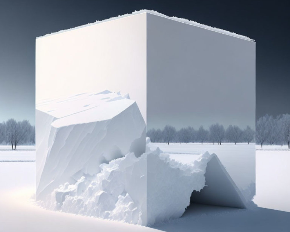 Surreal oversized cube of snow in serene snowy landscape