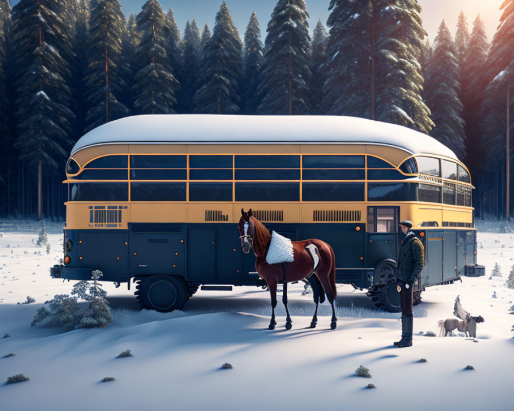 Vintage Yellow Bus Converted into Mobile Home in Snowy Forest with Person, Horse, and Dog