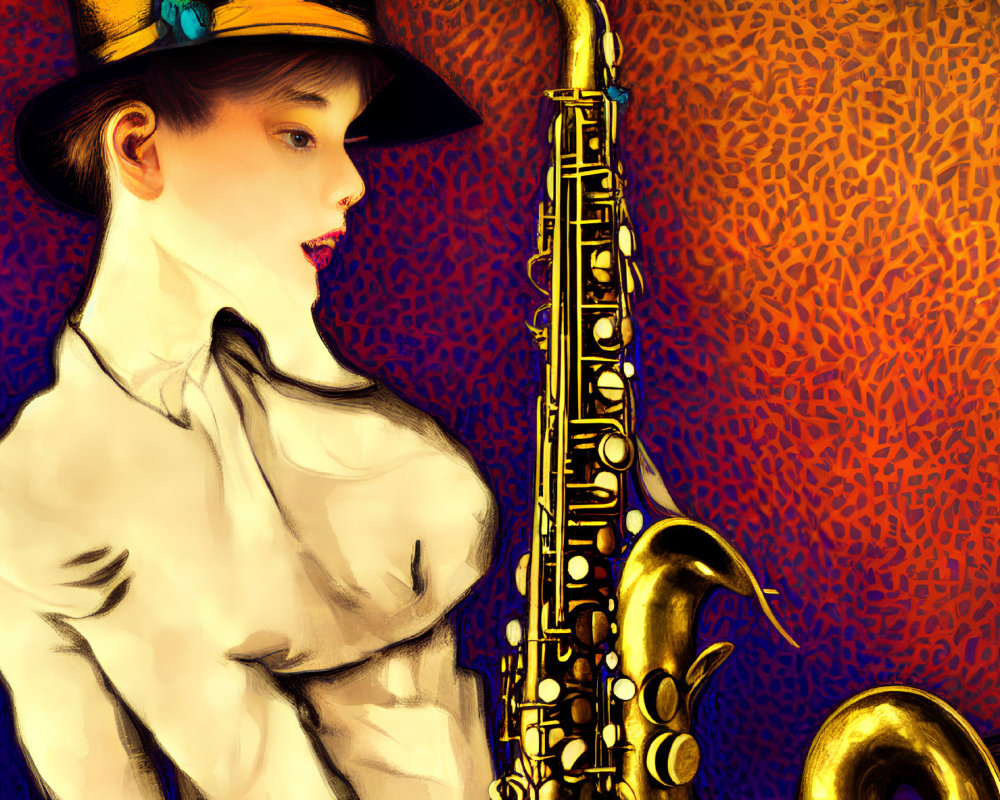 Illustration of person with hat holding saxophone on vibrant orange background