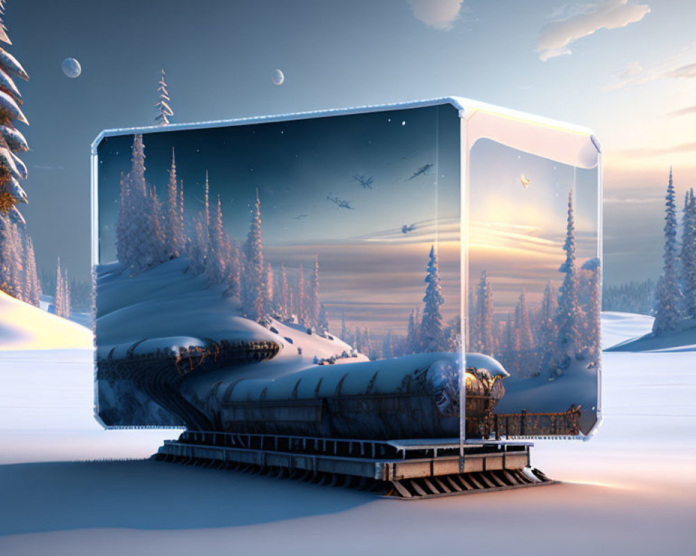 Transparent Cube with Winter Forest Scene and Snowy Landscape