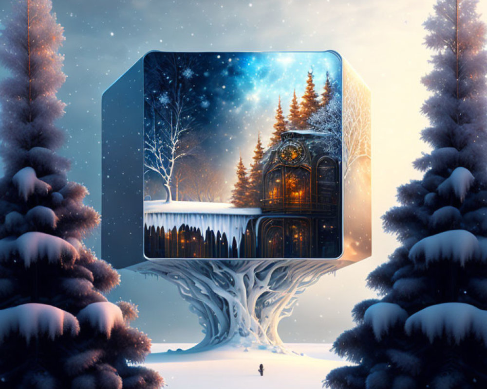 Surreal winter forest scene with floating cube showing snowy landscape