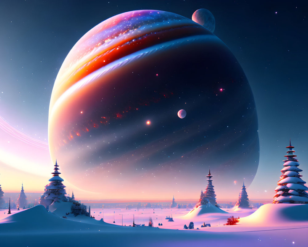 Snow-covered trees and village in twilight winter landscape with giant planet and moons.