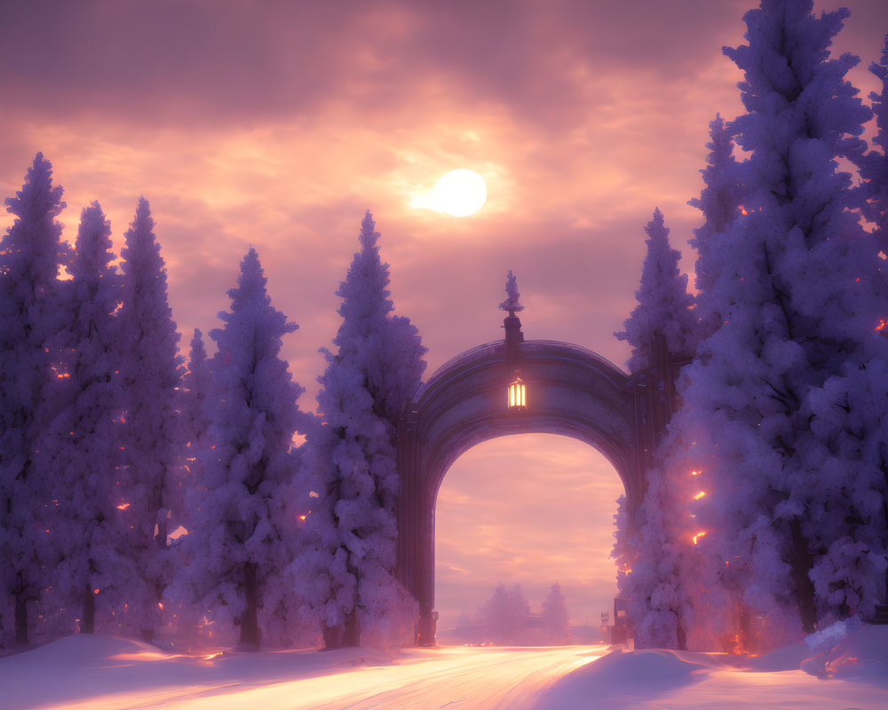 Snow-covered landscape with ornate archway and frosty trees under pinkish sky