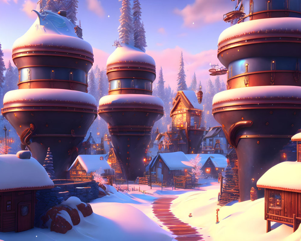 Snow-covered futuristic winter village with dome-shaped towers, warm lit cottages, pine trees, and flying