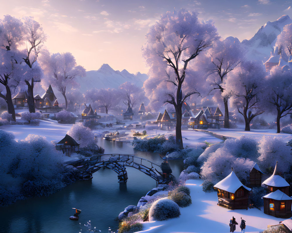 Snowy village at twilight: cozy cottages, stone bridge, snow-covered trees, distant mountains,