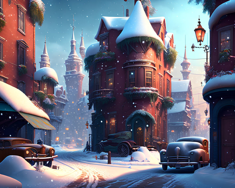 Snowy Street Scene: Vintage Cars, Brick Homes, Christmas Decorations