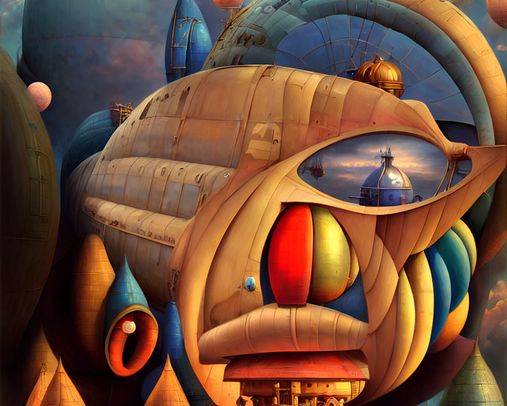 Colorful surreal artwork: Fish-like airship & whimsical sky architecture