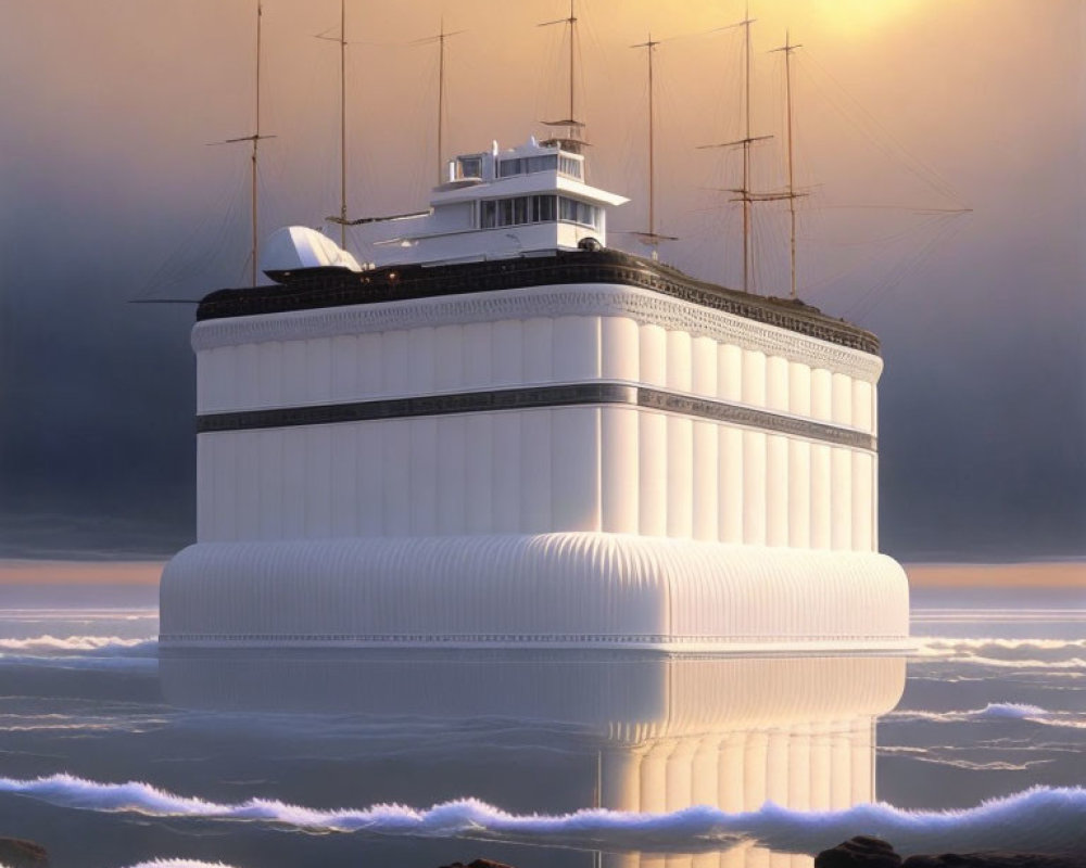 Surreal ship with classical building façade above golden sunset clouds