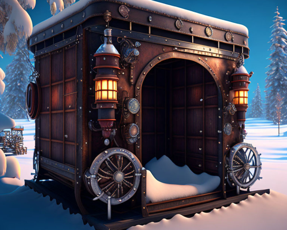 Steampunk Style Carriage with Lanterns in Snowy Twilight