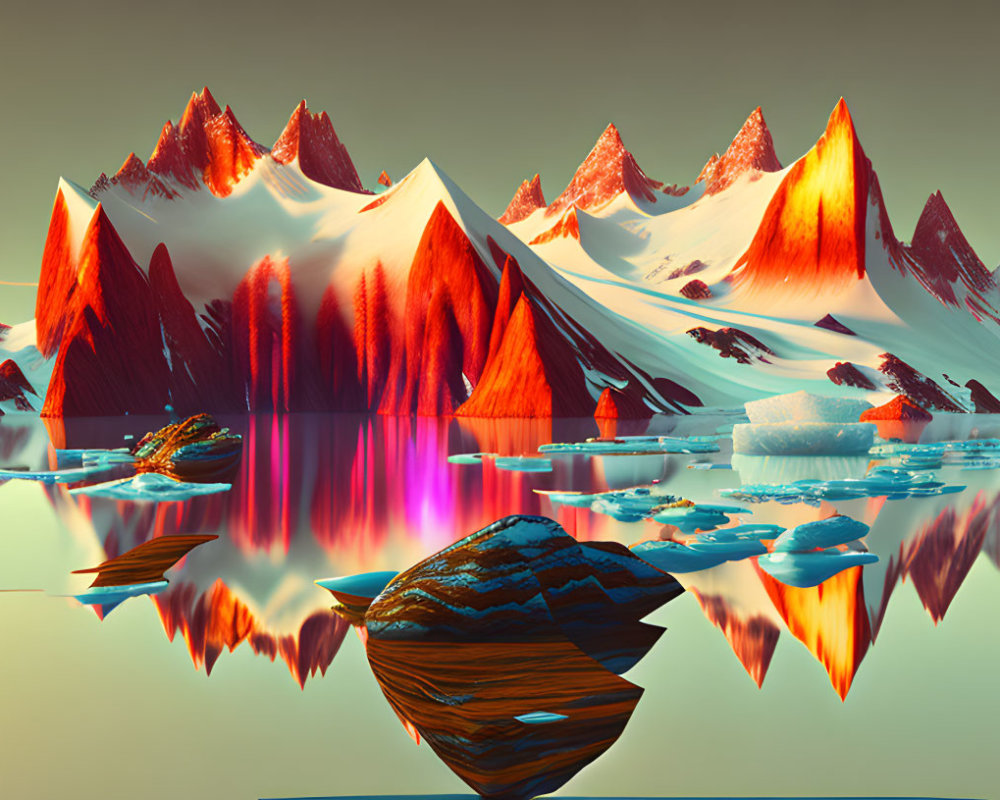 Surreal landscape with red-tinted snowy mountains and tranquil waters