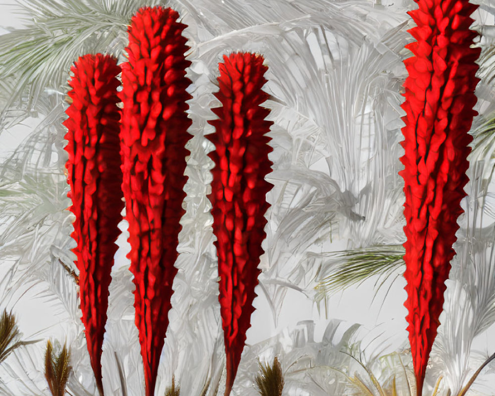 Vibrant red tower flowers with green fern leaves on light background