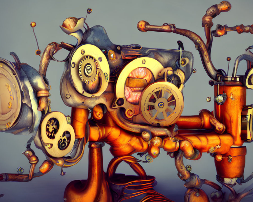 Whimsical machine with gears and pipes in metallic and orange colors