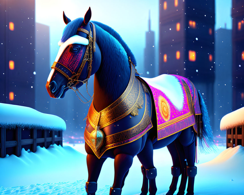 Majestic horse in blue and gold armor against snowy cityscape