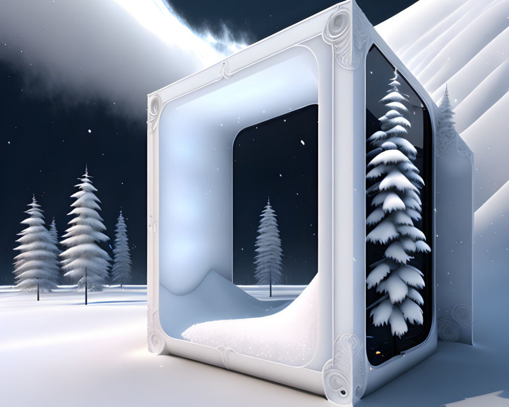 Snow-covered landscape with evergreen trees framed in ornate 3D window against starry night sky