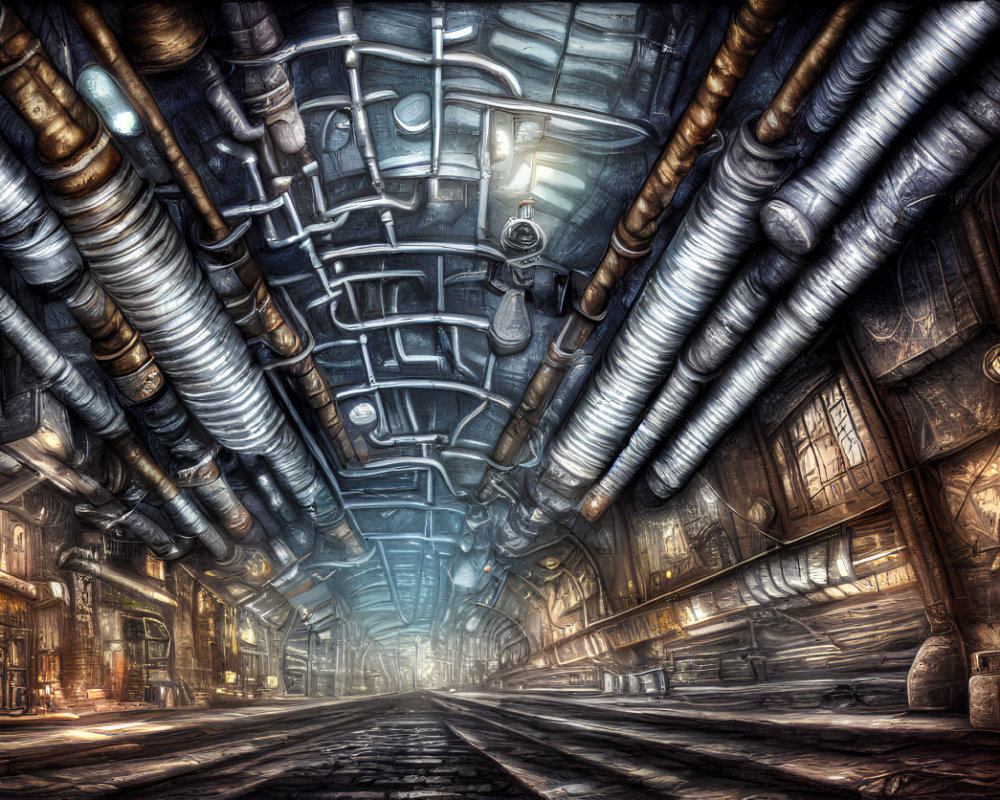 Detailed Illustration of Dystopian Underground Tunnel with Pipes, Cables, Dim Lighting, and A