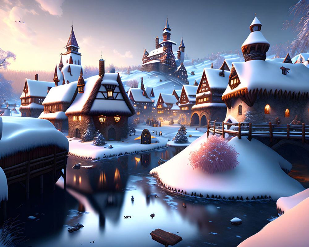 Snow-covered village with houses, bridge, river, and castles at twilight