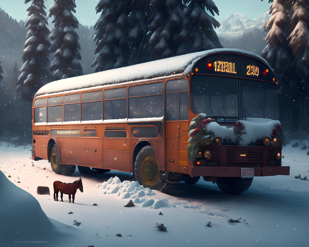 Snow-covered yellow school bus with Christmas wreaths, snowy road, pine trees, and small brown dog