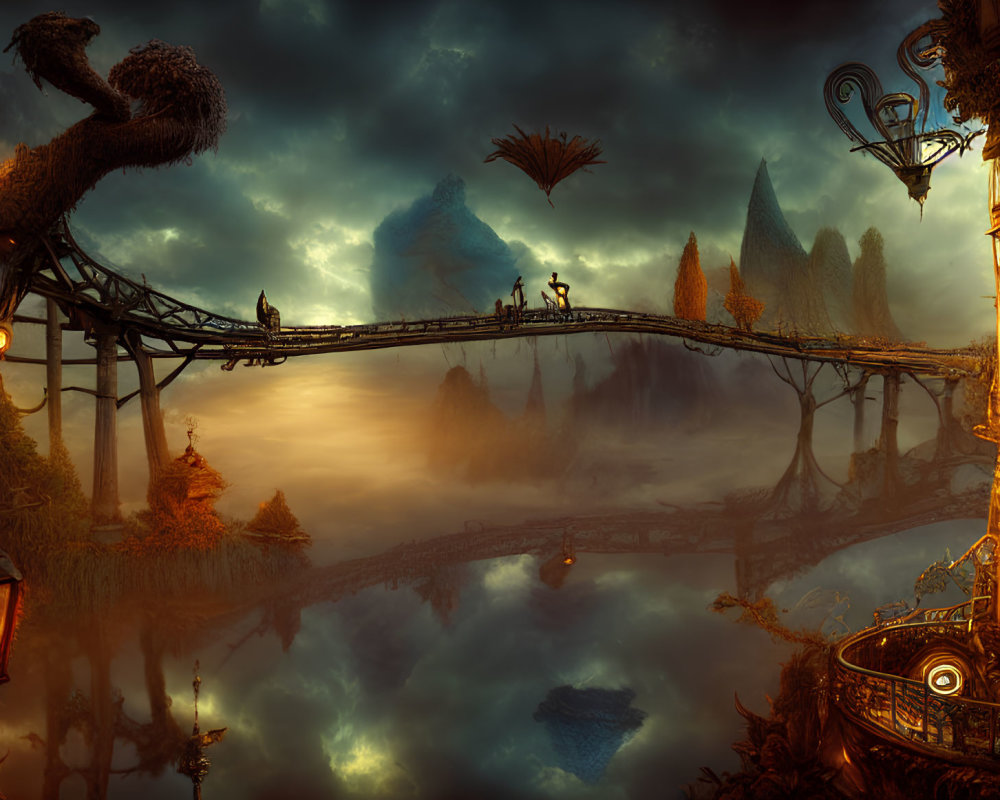 Fantastical dusk landscape with suspension bridge, towering structures, floating islands, and flying creature.