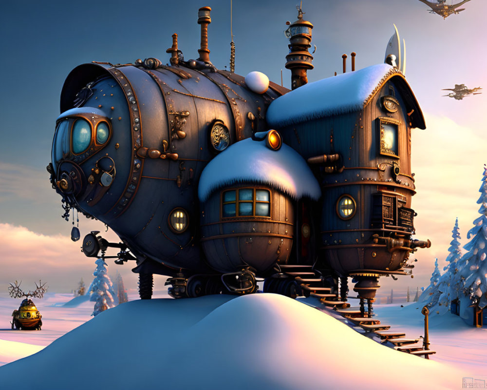 Steampunk-style train with cozy cabin in snowy landscape at dusk