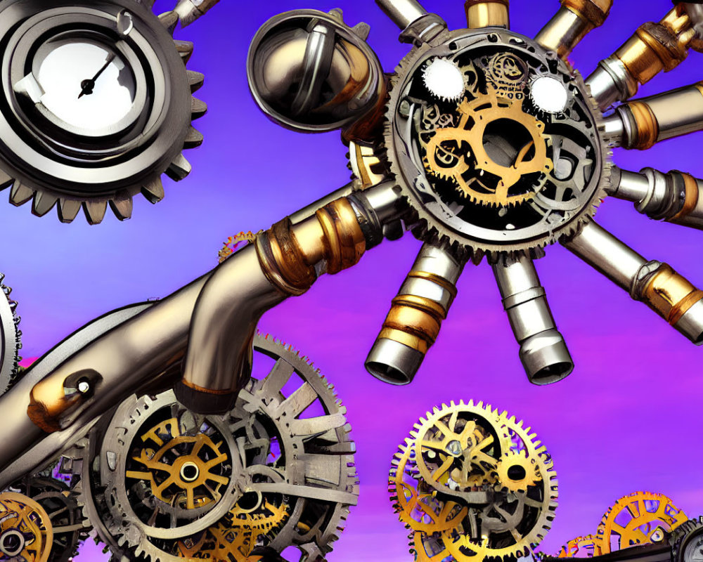 Brass and Steel Gears and Pipes on Purple Sky Representing Steampunk Aesthetics