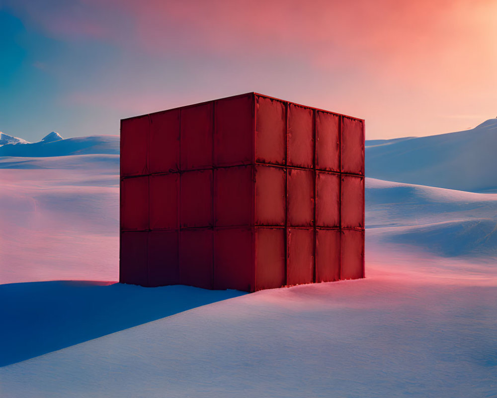 Red cube on snowy landscape under pink and blue sky