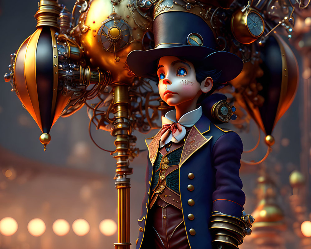 Steampunk-themed boy with top hat in golden-hued 3D render