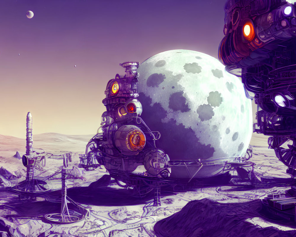 Sci-fi lunar outpost with spherical structure, antenna, towering robot, and planetrise.