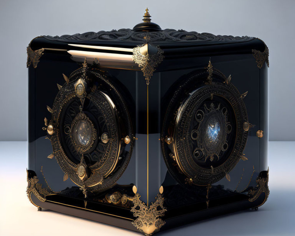 Intricate Black and Gold Mechanical Box with Circular Designs