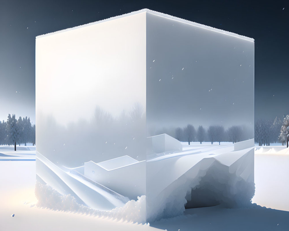 Surreal white cube in snowy landscape with peeled corner and hollow interior