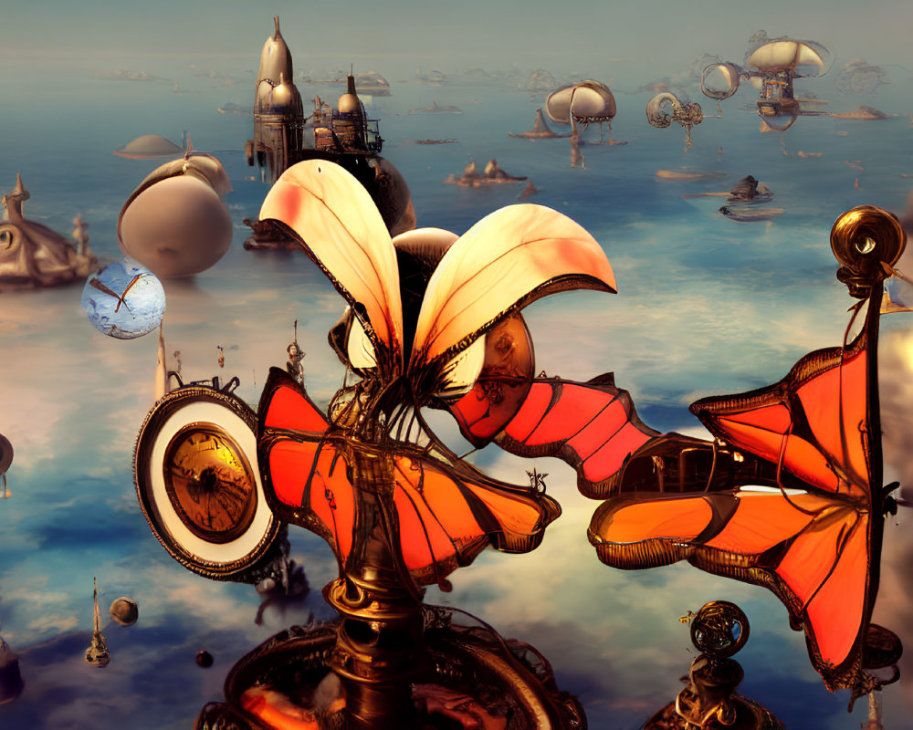 Steampunk-inspired scene with floating islands and airships