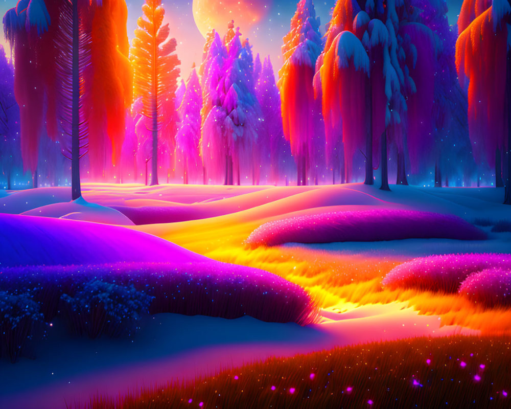 Snow-covered trees in colorful winter dusk with purple and orange gradient sky