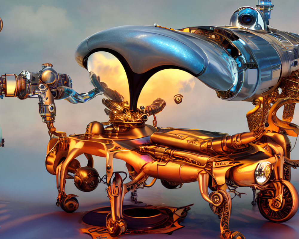 Golden mechanical structure and silver airship in surreal sci-fi scene.