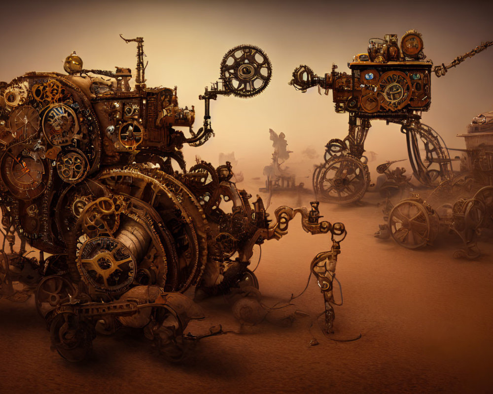 Steampunk-inspired scene with intricate machinery and vehicles in a hazy desert.