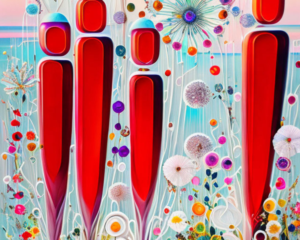 Colorful Abstract Floral Painting with Red Shapes and Whimsical Patterns