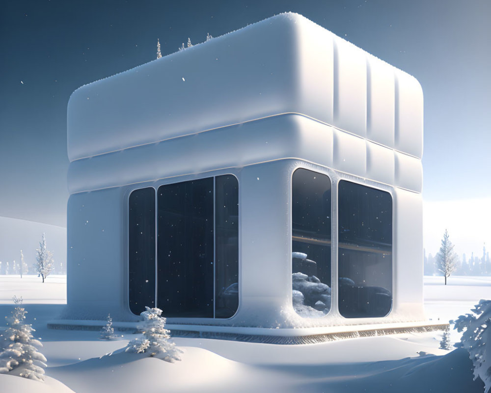 Minimalist building in winter landscape with snow-covered windows and trees.