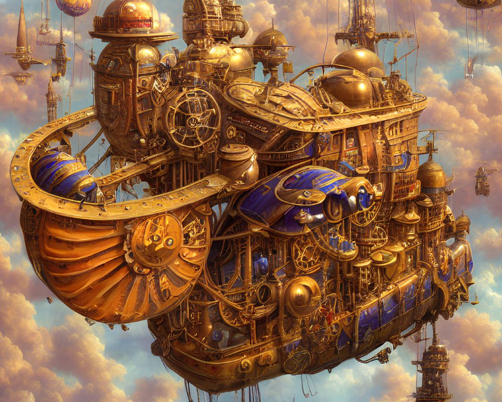 Steampunk airship with intricate gears and golden hues in cloudy sky