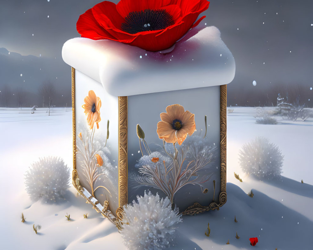 Surreal winter scene with large golden-framed cube and red poppy atop, surrounded by white