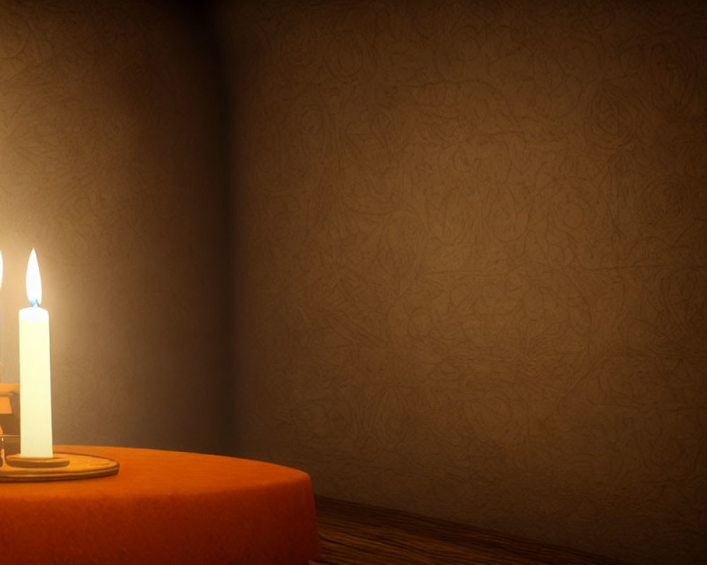 Cozy ambiance: Three lit candles on round table in decorated room.