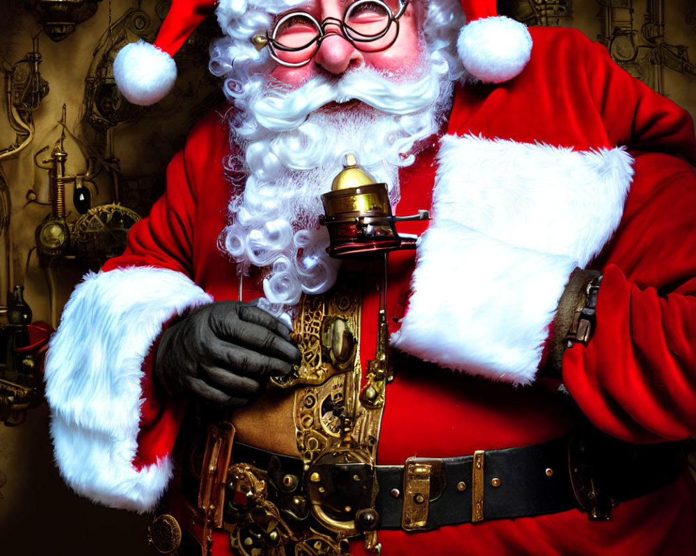 Santa Claus in red suit with lantern against vintage mechanical gears.